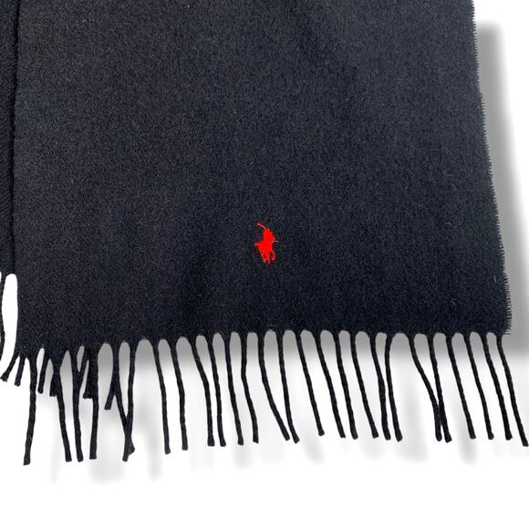 POLO Ralph Lauren Wool Scarf Lambswool Made in Scotland Black Fringe - Picture 4 of 5